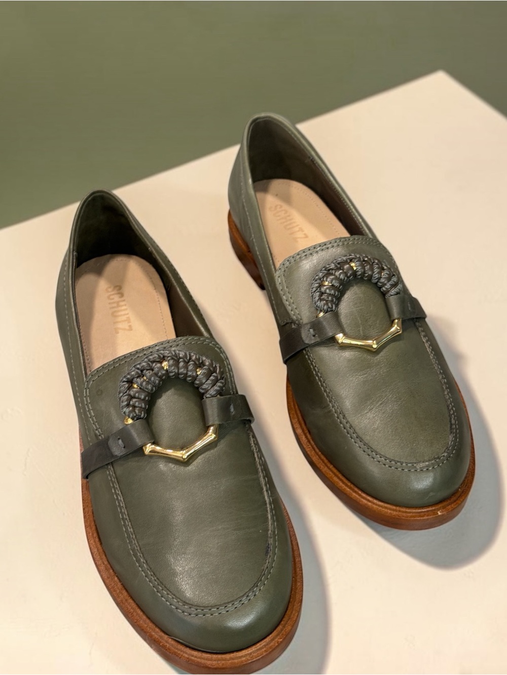 SCHUTZ Olive Green Leather Braided-Trim Loafers with Gold Accent
